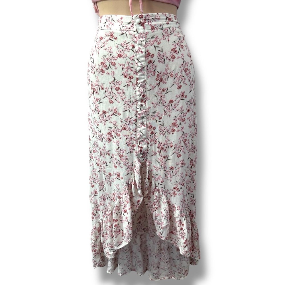 Lulus Pink Floral Ruffle Hem Midi Open Front Prairie Fairy Skirt sz L - Picture 2 of 8